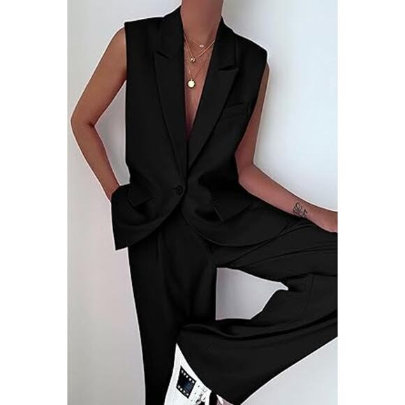 PRETTYGARDEN Women's 2 Piece Outfits Sleeveless Suit Vest and Wide Leg Pants B - Picture 2 of 6